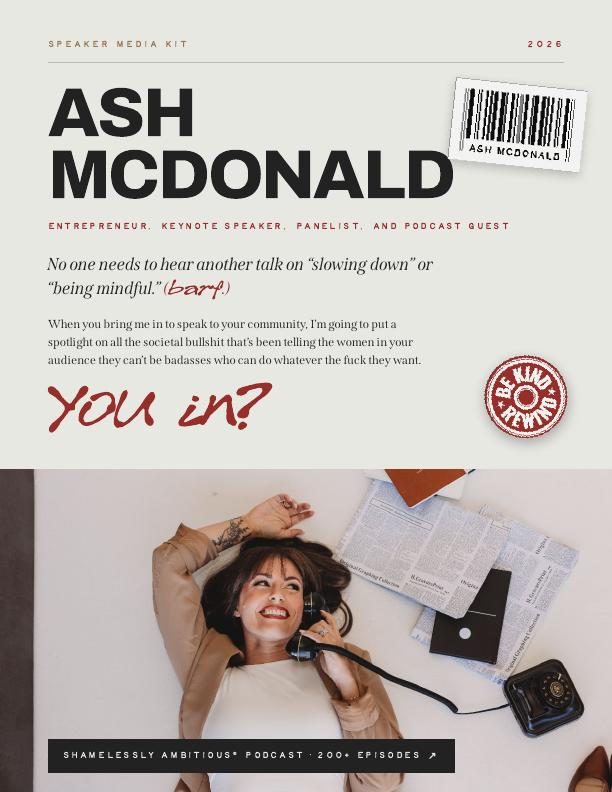 Media kit cover page with Ash McDonald's name and portrait